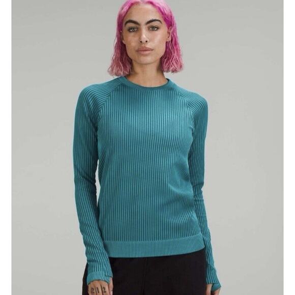 Lululemon Women Rest Less Pullover Colour Rib Green Jasper Oceanic Stripe Top - Picture 9 of 9